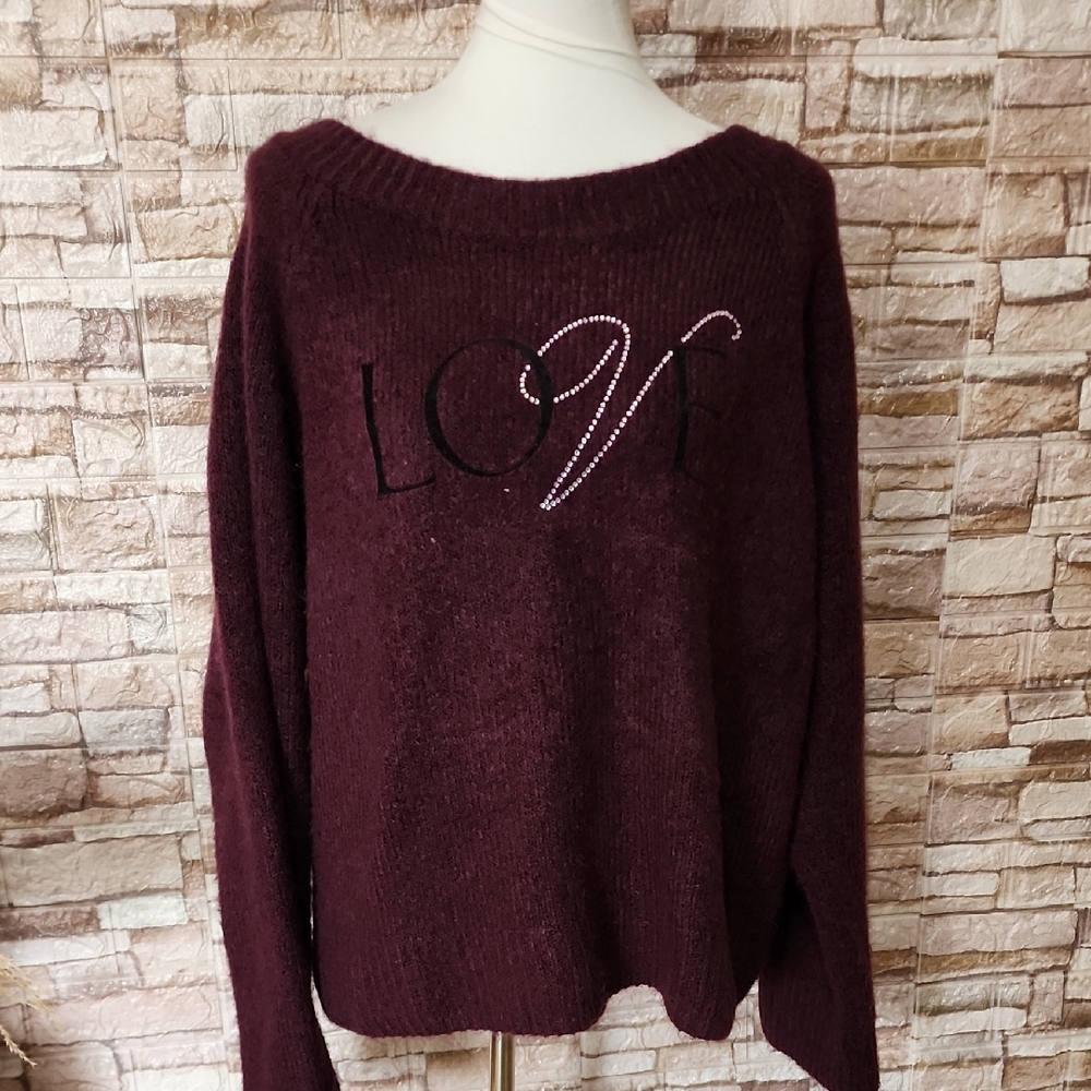 Victoria Secret Women's Dark Purple Sweater with Love Embroidery